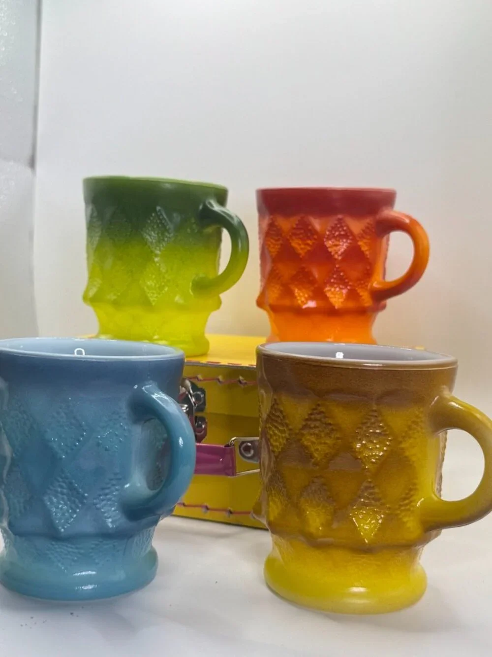 Vintage Fire King Kimberly Diamond Milk Glass Mugs Set of 4 Ombre Anchor Hocking